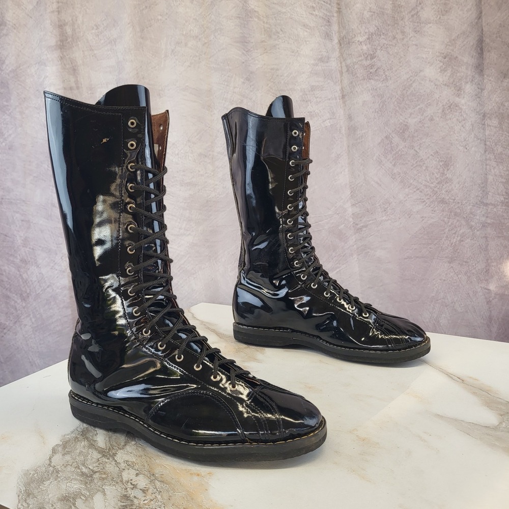 Classic Vintage Wrestling Boots Shiny Patent Leather Tall Lace Up Black Luchador